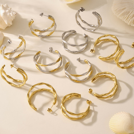 1 paire de boucles d'oreilles créoles double cercle en acier inoxydable étanche couleur or pour femme 2