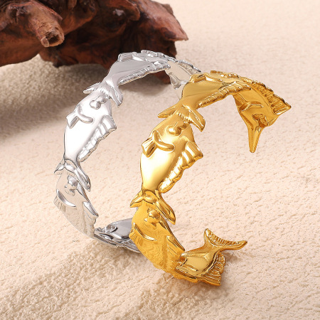 Bracelet manchette étanche en acier inoxydable doré, en forme de poisson (1 pièce) 2