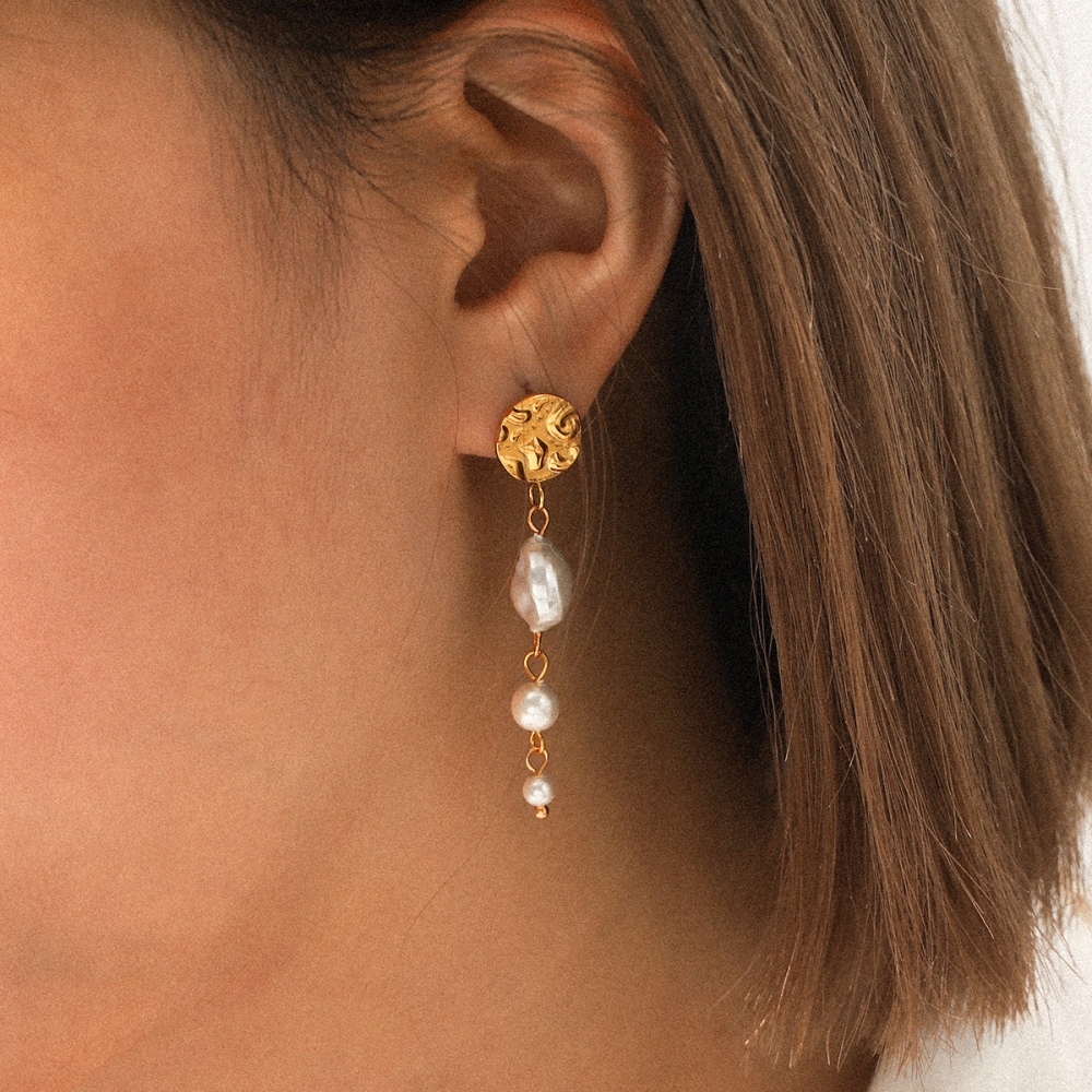 Boucles D'Oreilles Simples À Pompons Pour Femmes, En Acier Inoxydable Imperméable, Couleur Or, Avec Perles (1 Paire). h5Image4