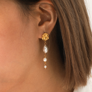 Boucles D'Oreilles Simples À Pompons Pour Femmes, En Acier Inoxydable Imperméable, Couleur Or, Avec Perles (1 Paire). h5 Image4