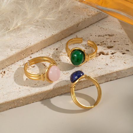 Bague rétro ronde en acier inoxydable étanche couleur or avec pierre naturelle pour femme (1 pièce) 2