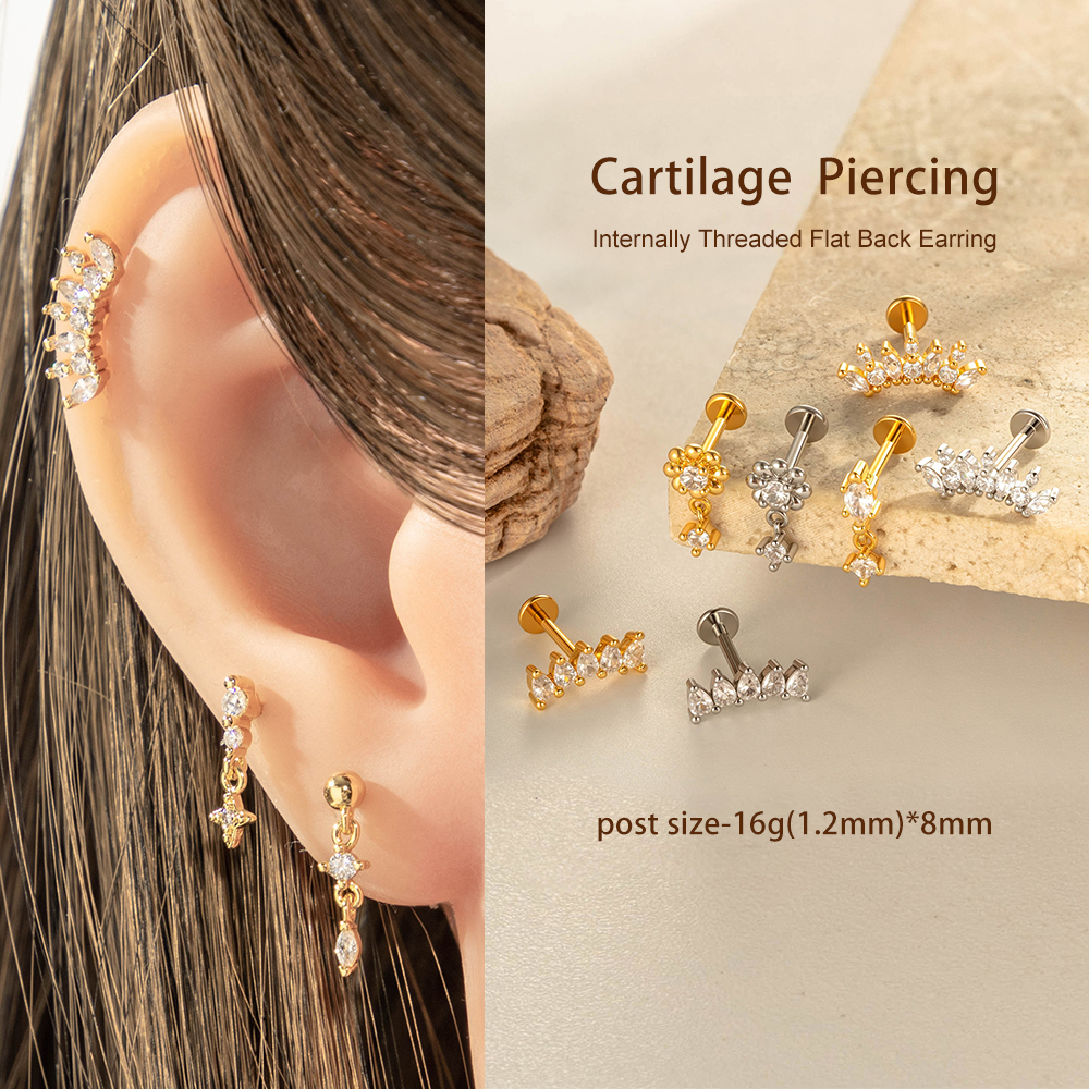 Boucle D'Oreille Piercing En Zircon Couleur Or Et Cuivre, 1 Pièce, Fleur Et Lune Image4