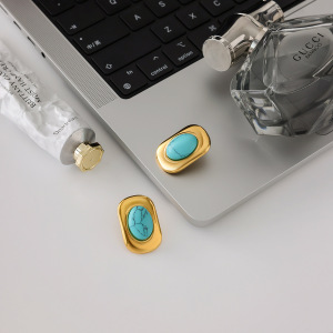 1 Paire De Boucles D'Oreilles Puces Classiques Rectangulaires Et Ovales En Calaïte, En Acier Inoxydable Étanche, Couleur Or. h5 Image5