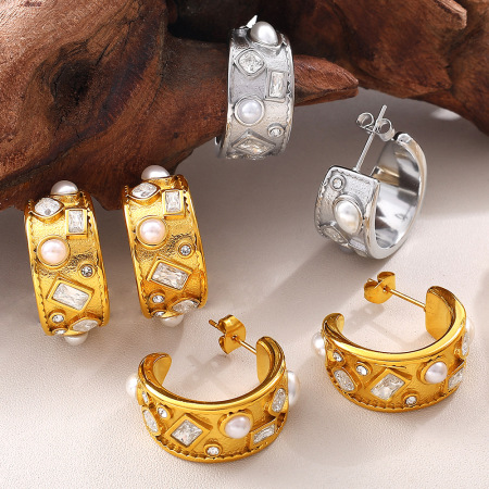 1 paire de boucles d'oreilles créoles en acier inoxydable étanche couleur or avec perles artificielles