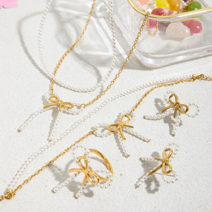 Ensembles De Bijoux Pour Femmes En Acier Inoxydable Imperméable Avec Nœud Papillon, Série Romantique, Couleur Or h5 Image6