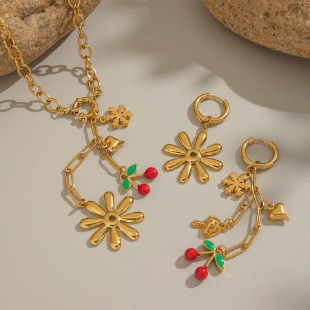Ensemble collier et collier romantique en acier inoxydable couleur or, orné d'un motif de cerisier. 2