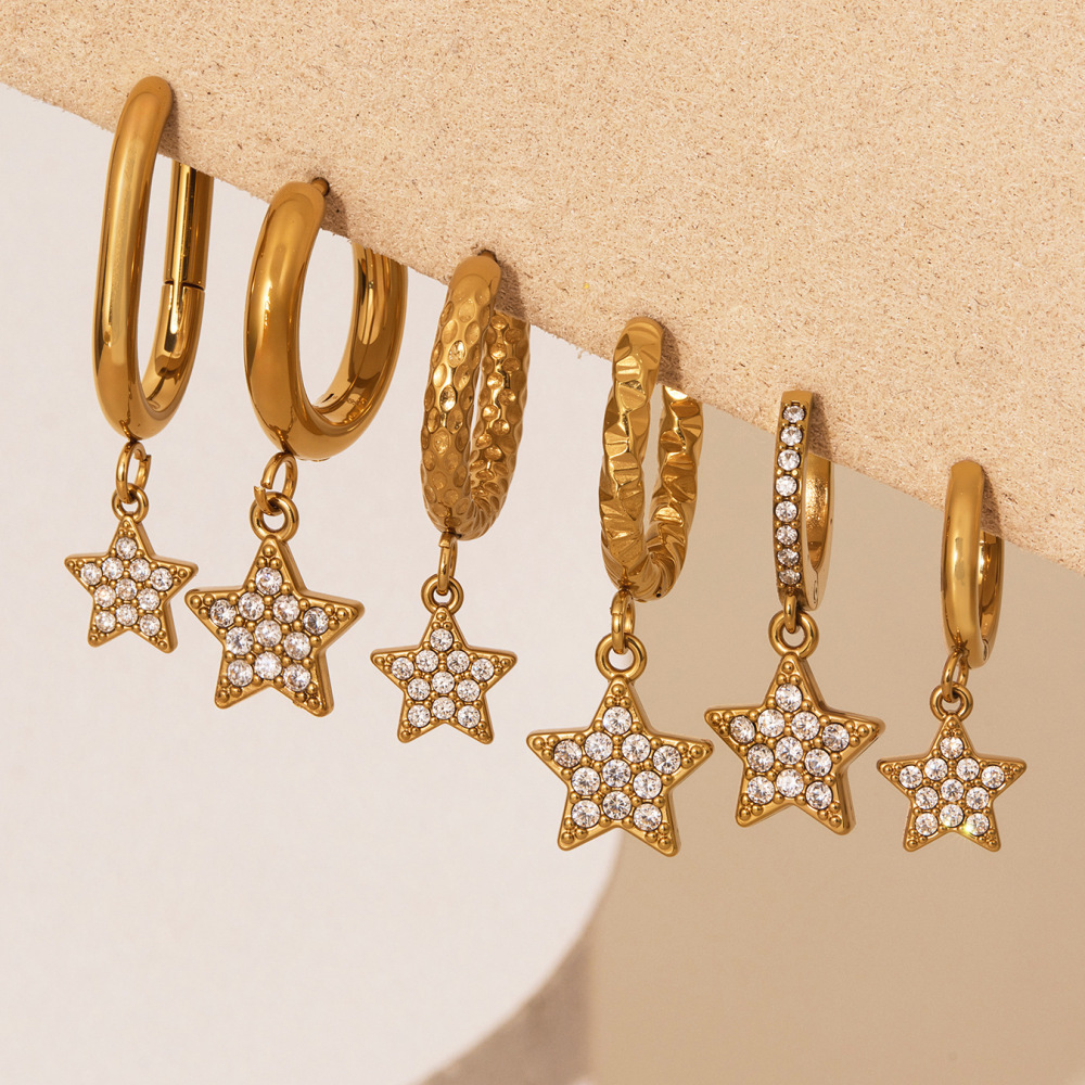 1 Paire De Boucles D'Oreilles Pendantes Luxueuses En Forme D'Étoile, En Acier Inoxydable Étanche, Couleur Or, Ornées De Zircon. Image3