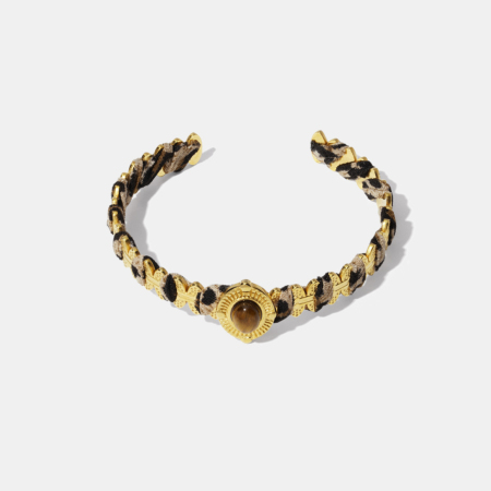 Bracelet manchette en acier inoxydable étanche, pierre naturelle et tissu imprimé léopard