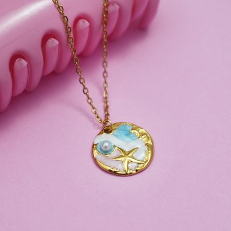 Collier pendentif femme 1 pièce en acier inoxydable étanche couleur or, motif cercle océanique 2