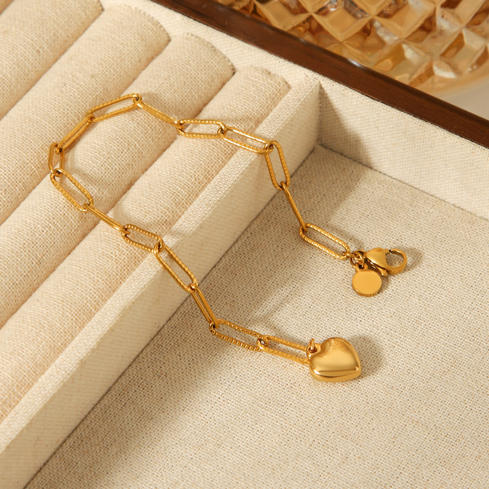 Bracelet À Maillons Pour Femme, En Acier Inoxydable, Couleur Or, Avec Motif Cœur Simple (1 Pièce). Image5
