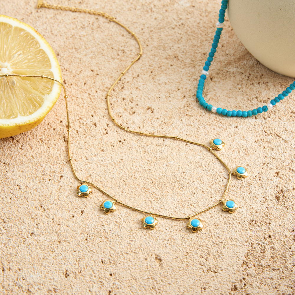 Collier Pendentif Femme En Acier Inoxydable Doré, Orné D'Une Fleur Romantique En Calaïte (1 Pièce) Image5