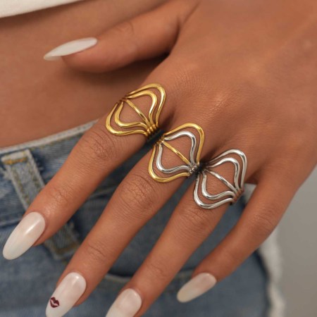 Bague femme tendance, style décontracté, lignes irrégulières, en acier inoxydable, couleur or, étanche. 2