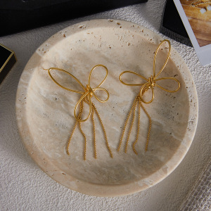 1 Paire De Magnifiques Boucles D'Oreilles Pendantes Pour Femme, En Acier Inoxydable Doré, Avec Nœud Papillon Et Pompon. h5 Image6