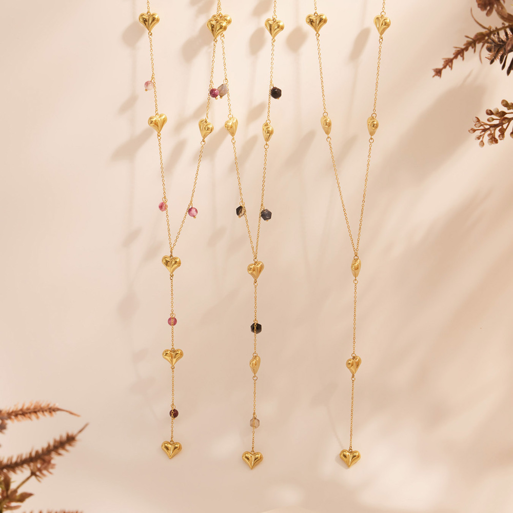 Collier Long Pour Femme En Acier Inoxydable Imperméable Avec Pierre Naturelle Et Motif Cœur Délicat (1 Pièce) h5Image3