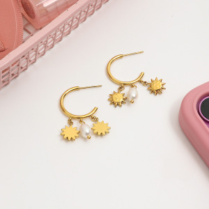 1 Paire De Boucles D'Oreilles Créoles Luxueuses Sun En Acier Inoxydable Étanche Couleur Or Avec Perles Pour Femmes h5 Image6
