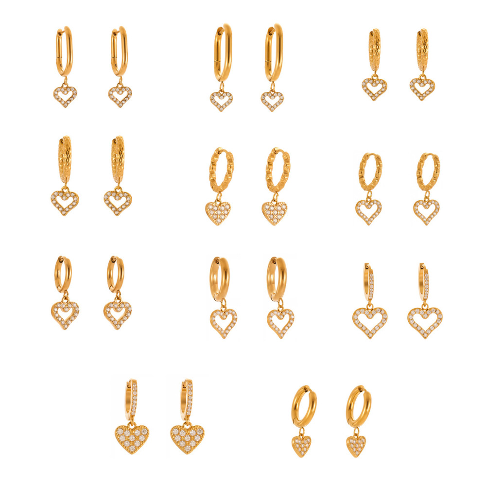 1 Paire De Boucles D'Oreilles Pendantes Pour Femme, En Acier Inoxydable Doré, Ornées De Zircon Et Serties D'Un Cœur Exquis. Image6
