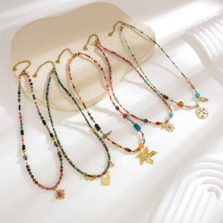 Collier de perles pour femme, 1 pièce, en acier inoxydable, couleur or, avec perles de pierre naturelle colorée