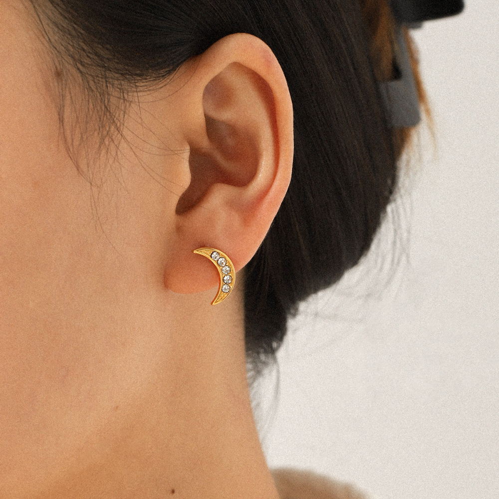 Ensemble De Boucles D'Oreilles Luxueuses Pour Femme, En Acier Inoxydable Doré, Ornées De Zircon, Représentant Une Étoile Et La Lune. Image3