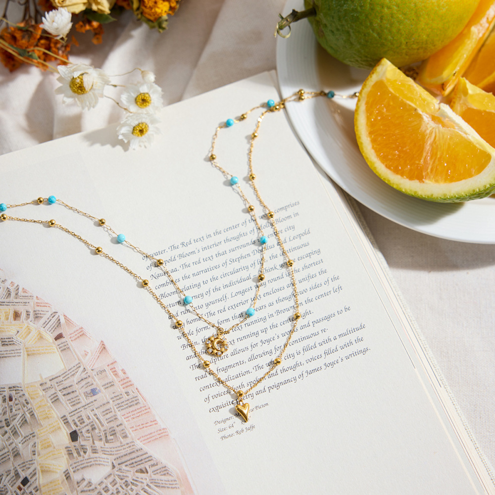Collier À Plusieurs Rangs Pour Femme, En Acier Inoxydable Doré, Motif Cœur Et Lune Romantique (1 Pièce) h5Image5