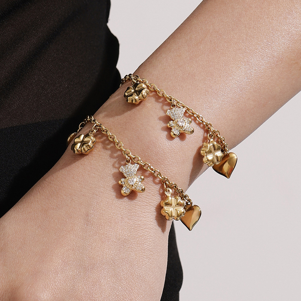 Ensembles De Bijoux Pour Femmes En Acier Inoxydable Imperméable, Couleur Or, Avec Ours Mignon Et Trèfle h5Image4