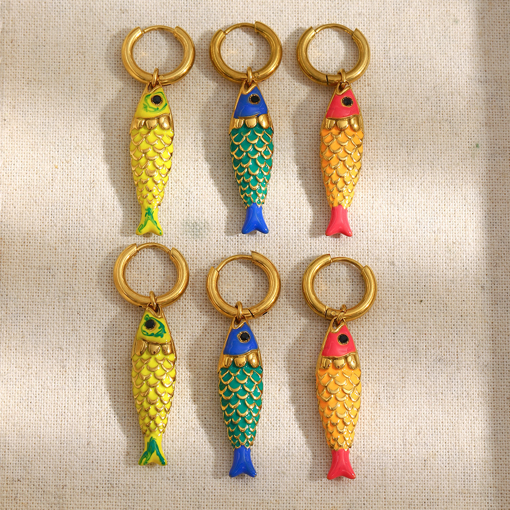Boucles D'Oreilles Pendantes Pour Femme, Motif Poissons Éclatants, En Acier Inoxydable Étanche, Couleur Or (1 Paire). h5Image7