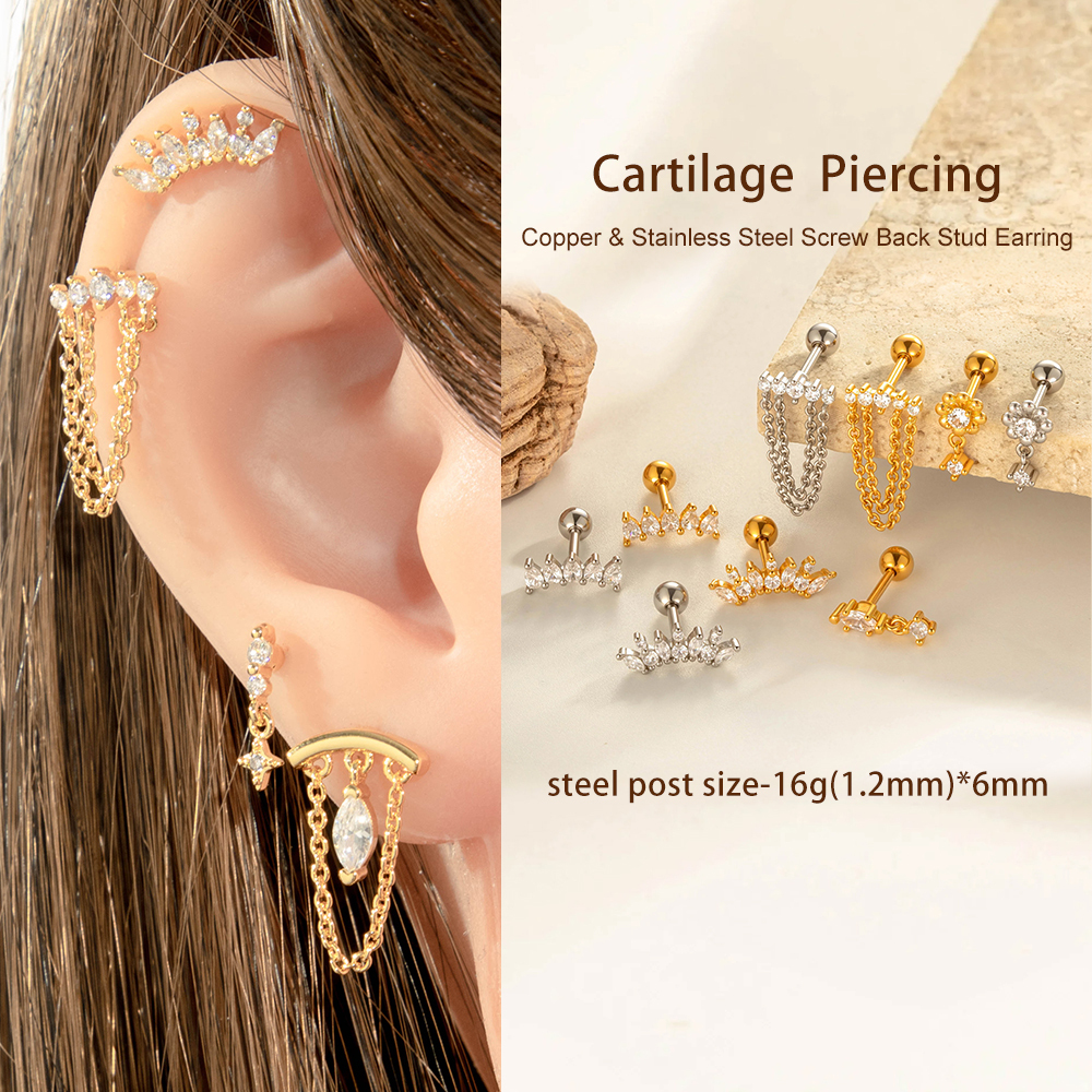 Boucle D'Oreille Piercing Fleur Cuivre Or Zircon 1 Pièce Image4
