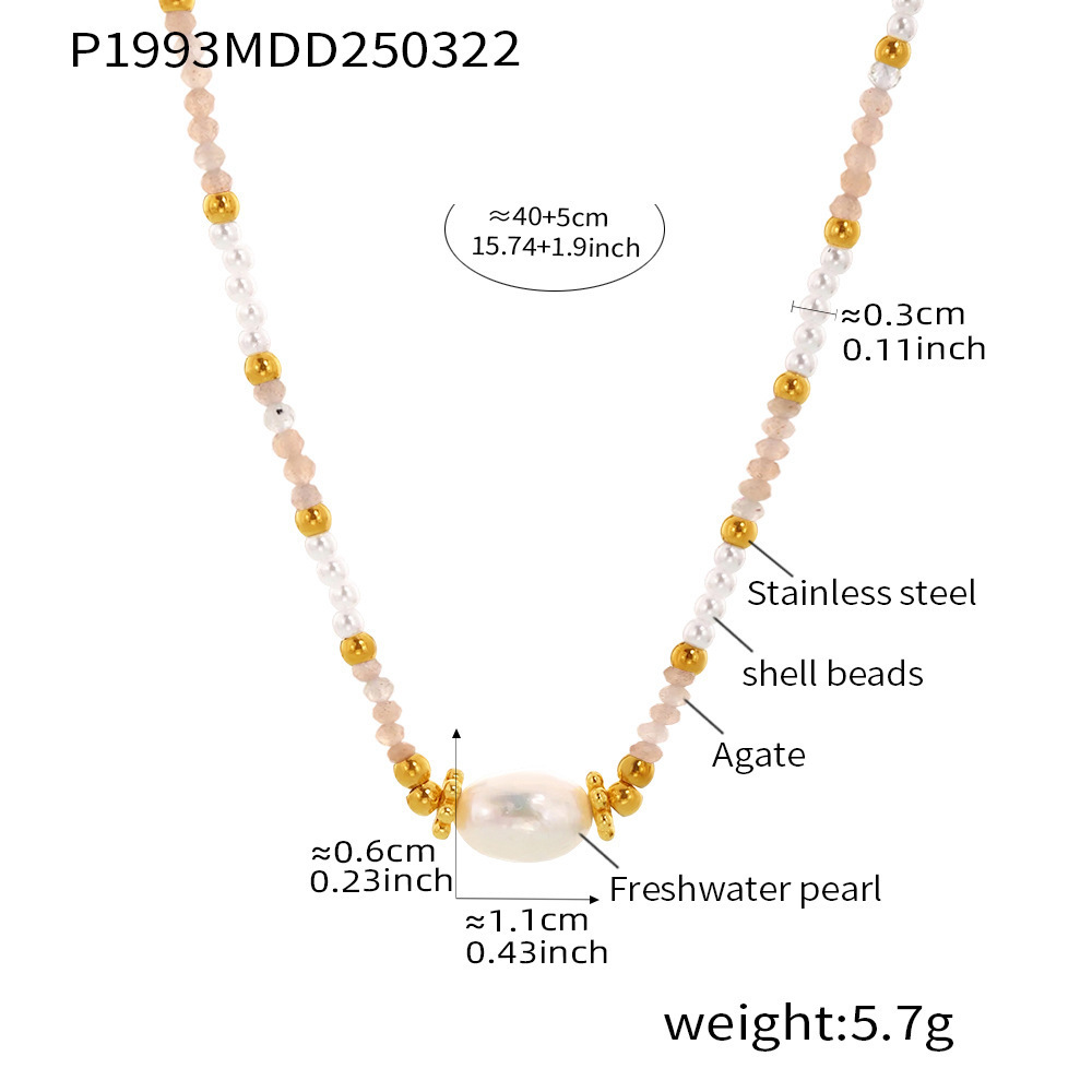 Collier Classique Pour Femme En Acier Inoxydable, Étanche, Couleur Or, Orné De Pierres Naturelles (1 Pièce)
