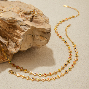 Ensembles De Bijoux Pour Femmes En Acier Inoxydable Doré, Imperméables, Avec Fleurs Colorées h5 Image4