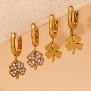 1 Paire De Boucles D'Oreilles Pendantes Élégantes En Acier Inoxydable Doré, Ornées De Zircon, En Forme De Trèfle, Pour Femme. h5 Image3