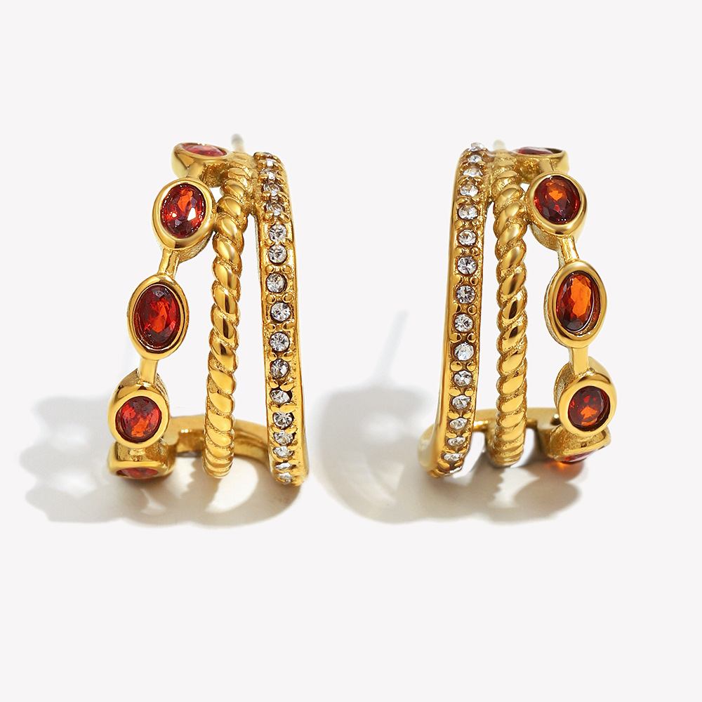 1 Paire De Boucles D'Oreilles Créoles Classiques Pour Femme, En Acier Inoxydable Étanche, Couleur Or, Avec Zircon Rouge 