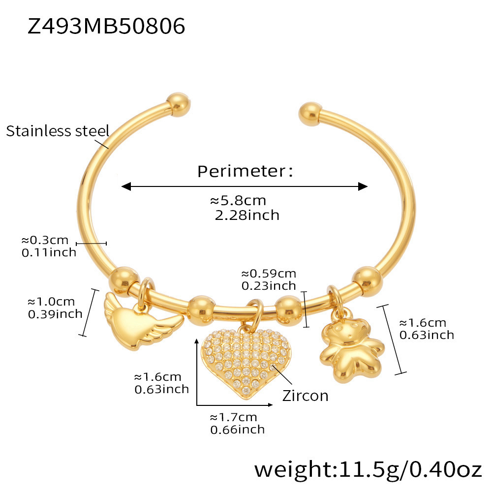 Bracelet Manchette Sophistiqué En Acier Inoxydable, Étanche, Couleur Or, Orné D'Un Zircon Et D'Un Cœur (1 Pièce). Image2