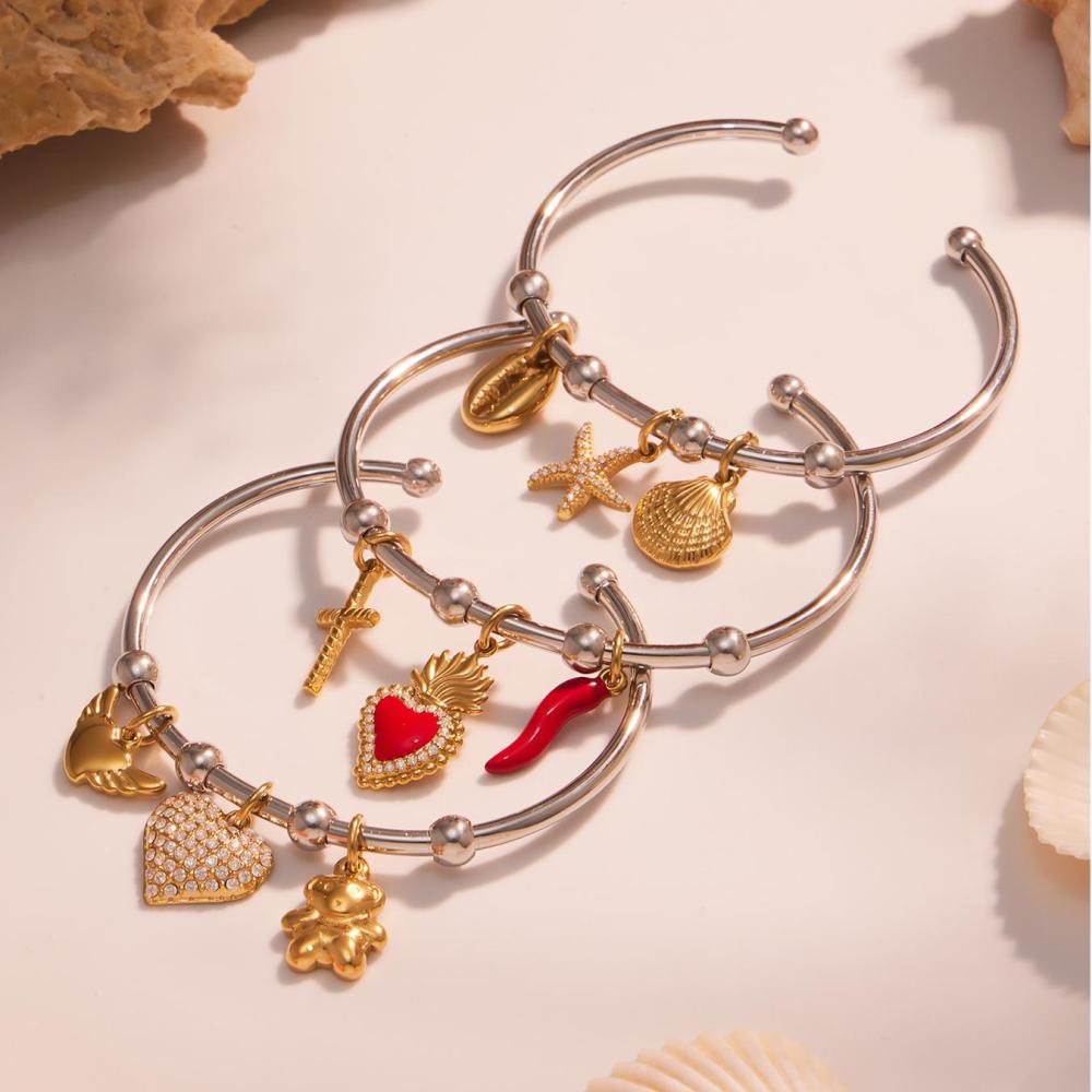 Bracelet Manchette Sophistiqué En Acier Inoxydable, Étanche, Couleur Or, Orné D'Un Zircon Et D'Un Cœur (1 Pièce). Image6