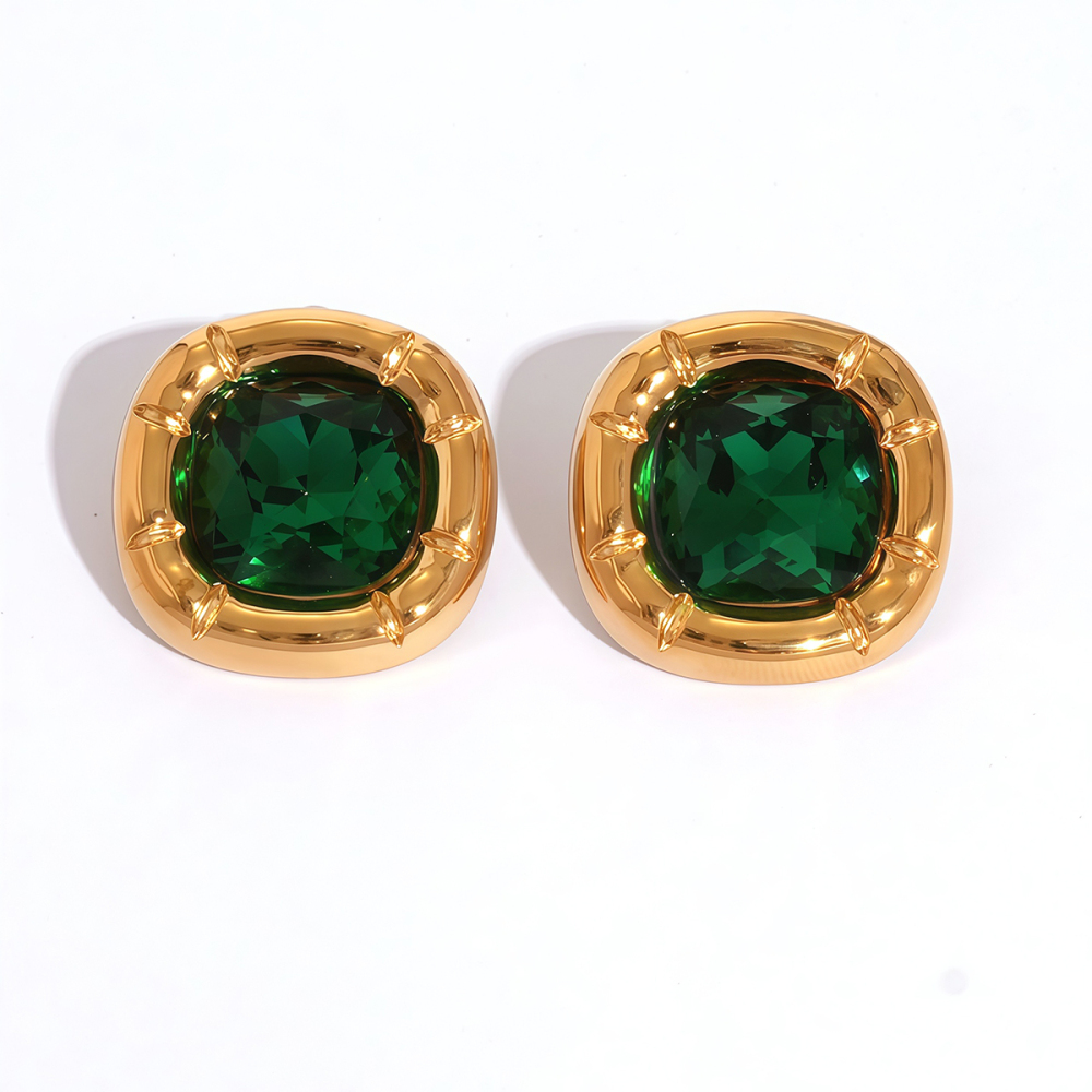 Boucles D'Oreilles Puces Carrées Pour Femmes, En Acier Inoxydable Étanche, Serties De Zirconiums Cubiques Verts (1 Paire). 
