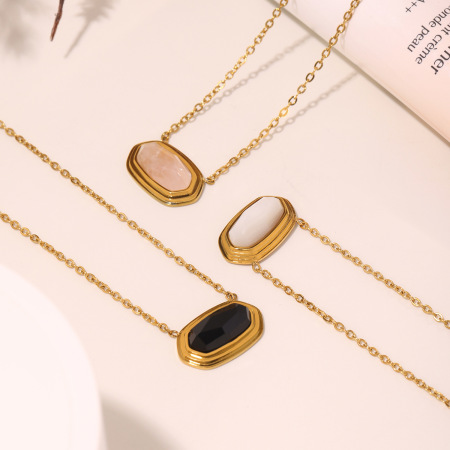 Collier pendentif élégant pour femme, en acier inoxydable hexagonal, couleur or, étanche, avec pierre naturelle (1 pièce) 2