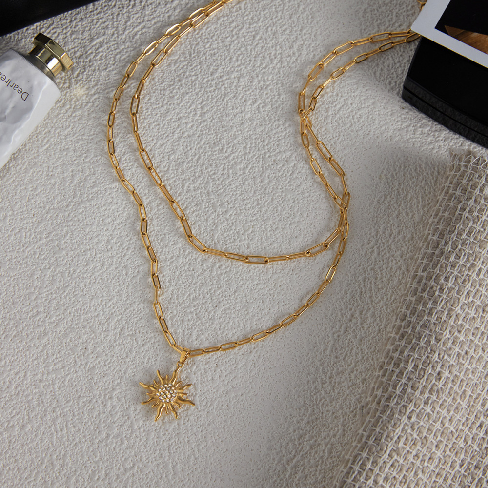Collier À Plusieurs Rangs Élégant Pour Femme, En Acier Inoxydable Doré, Étanche, Avec Motif Soleil (1 Pièce) Image3