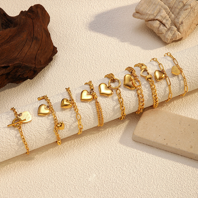 Bracelet À Breloques En Acier Inoxydable Doré, Étanche, En Forme De Cœur (1 Pièce) Image4