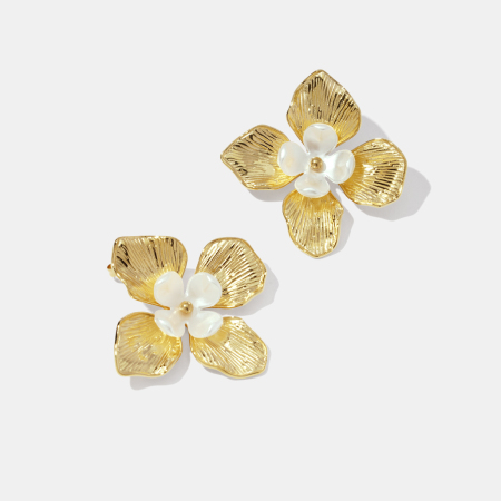 Boucles d'oreilles élégantes à fleurs en acier inoxydable étanche couleur or
