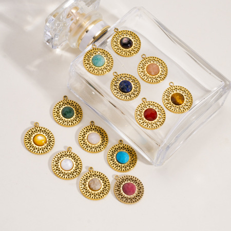 Pendentif femme luxueux rétro rond en acier inoxydable étanche et pierre naturelle (1 pièce) 2