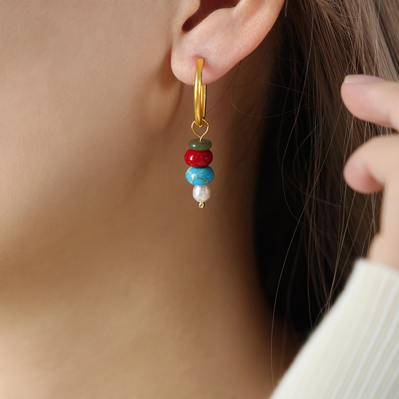 Boucles D'Oreilles Pendantes Élégantes Pour Femme, En Acier Inoxydable Imperméable, Perles Et Pierres Naturelles (1 Paire).