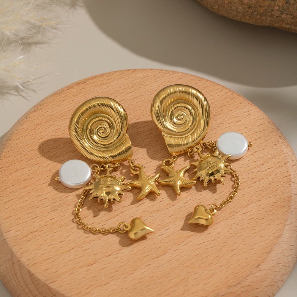 Boucles D'Oreilles Pendantes En Acier Inoxydable Doré, Étanches, En Forme De Soleil (1 Paire) Image4