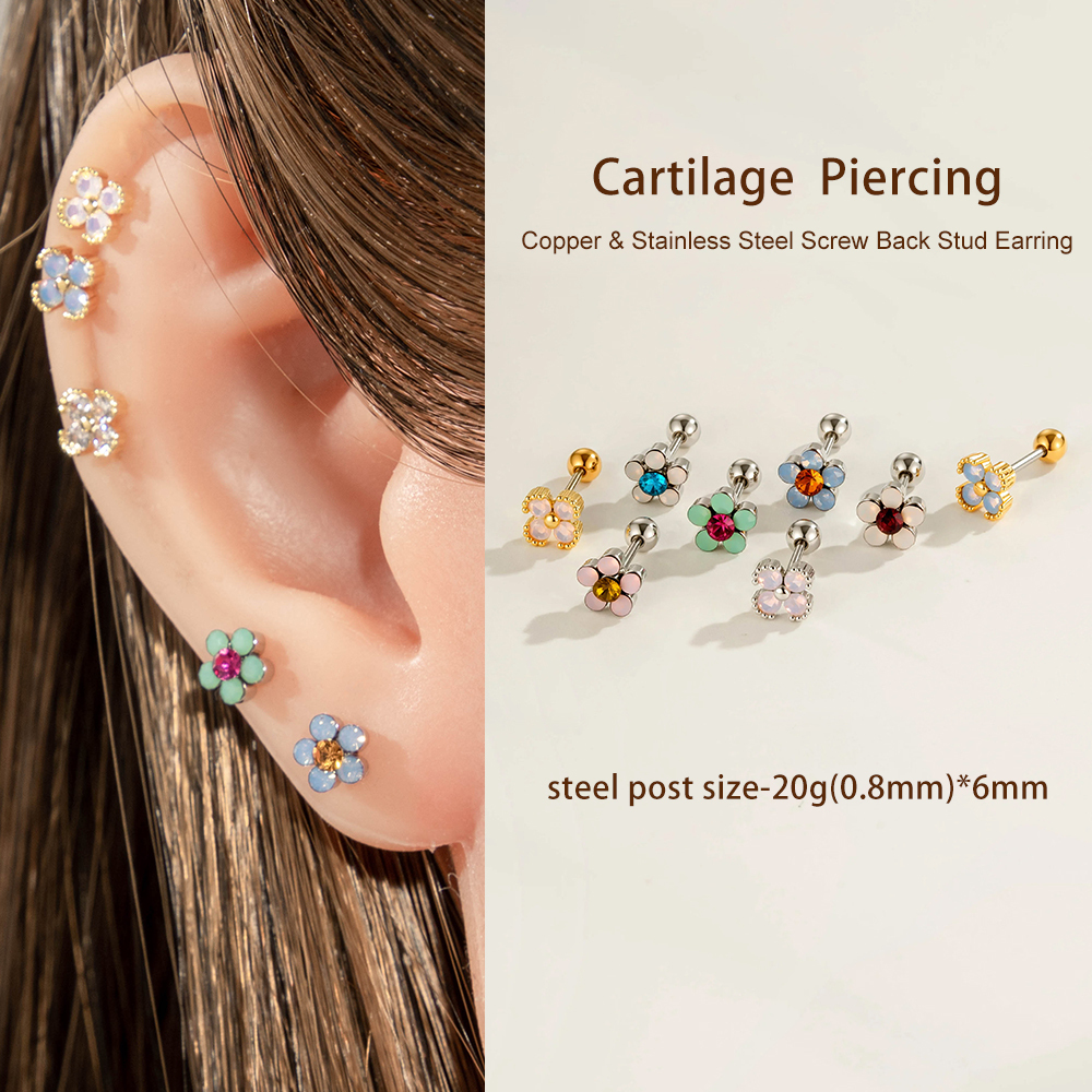 Boucle D'Oreille Piercing Fleur Cuivre Zircon 1 Pièce Image4
