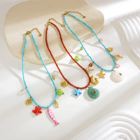 Collier de perles romantique pour femme, en acier inoxydable, couleur or, avec coquillage, pierre naturelle et pierres naturelles (1 pièce)