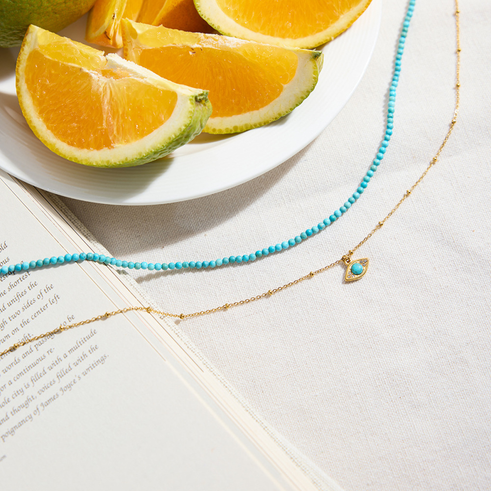 Collier À Plusieurs Rangs Pour Femme, En Acier Inoxydable, Couleur Or, Orné D'Un Délicat Œil De Diable En Calaïte. (1 Pièce) Image7