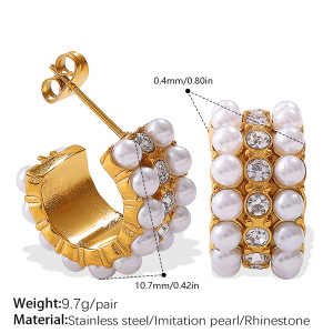 1 Paire De Boucles D'Oreilles Créoles En Acier Inoxydable Étanche, Couleur Or, Ornées De Strass Et De Perles. h5