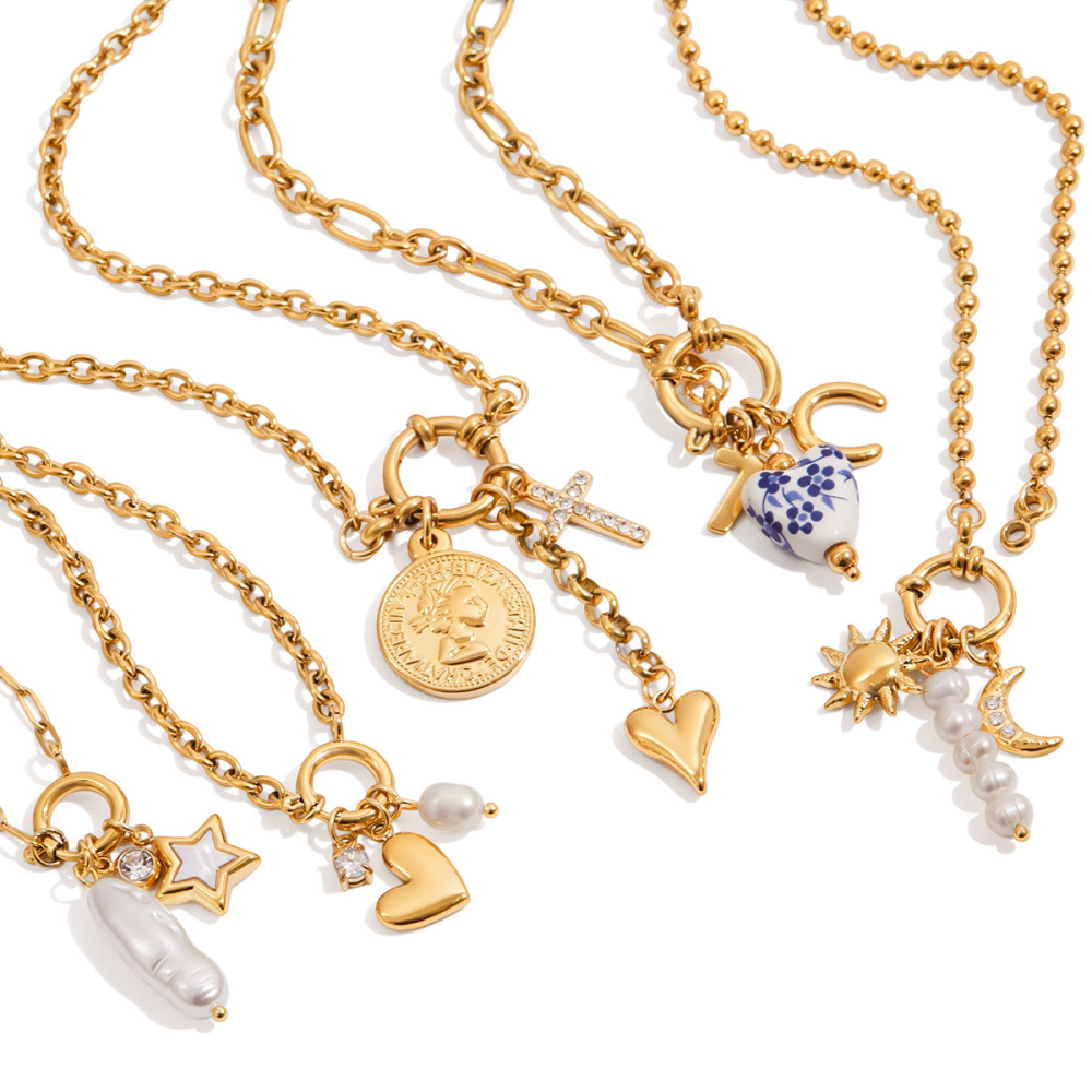 Collier Pendentif Femme Exquis En Forme De Cœur Et De Soleil, En Acier Inoxydable Étanche Couleur Or Et Perle (1 Pièce) h5Image10