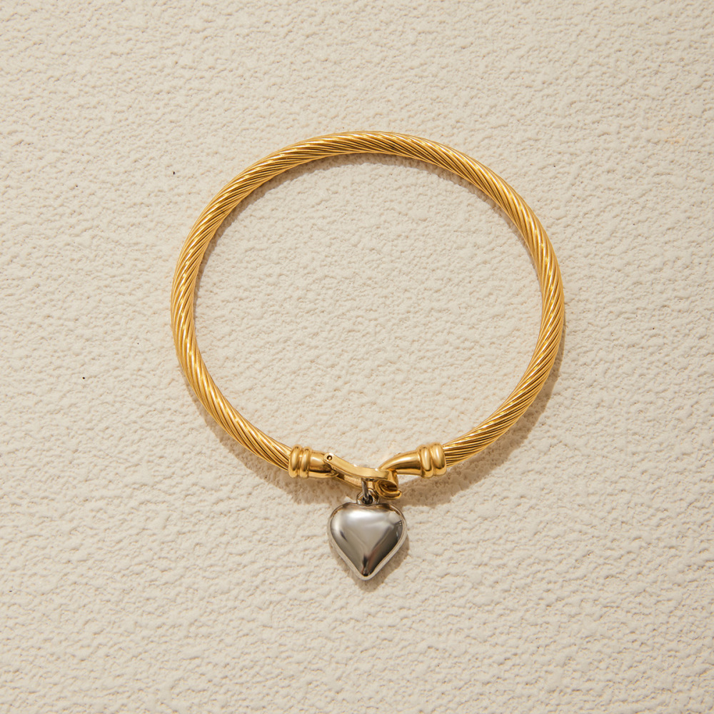 Bracelet Jonc Femme Simple En Forme De Cœur, En Acier Inoxydable, Étanche, Couleur Or Et Argent Image6