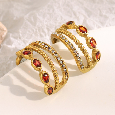 1 paire de boucles d'oreilles créoles classiques pour femme, en acier inoxydable étanche, couleur or, avec zircon rouge