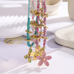 Collier Avec Pendentif En Acier Inoxydable Doré Pour Femme, 1 Pièce, Corde Tissée À La Main, Motif Floral h5 Image3