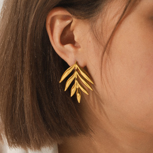 Boucles D'Oreilles Puces Pour Femme, En Acier Inoxydable Doré, Motif Feuille Simple, Imperméables, 1 Paire h5 Image3
