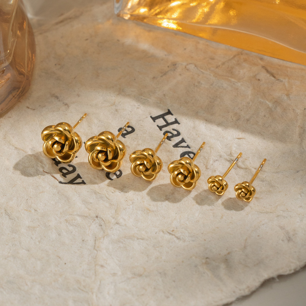 1 Paire De Boucles D'Oreilles Puces Pour Femme, En Acier Inoxydable, Couleur Or, Motif Floral, Série Simple Image2